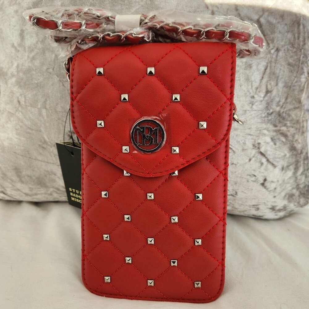 Badgley Mischka NWT Red Phone Case w/diamond quilting, strap, studs - Picture 4 of 6